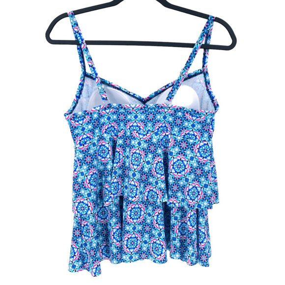 Christina Tankini Womens 10 Blue Pink White Adjustable Built In Shelf Bra Ruffle - Picture 4 of 9